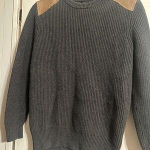 Vintage J Crew 100% cotton dark grey sweater with leather shoulder patches.